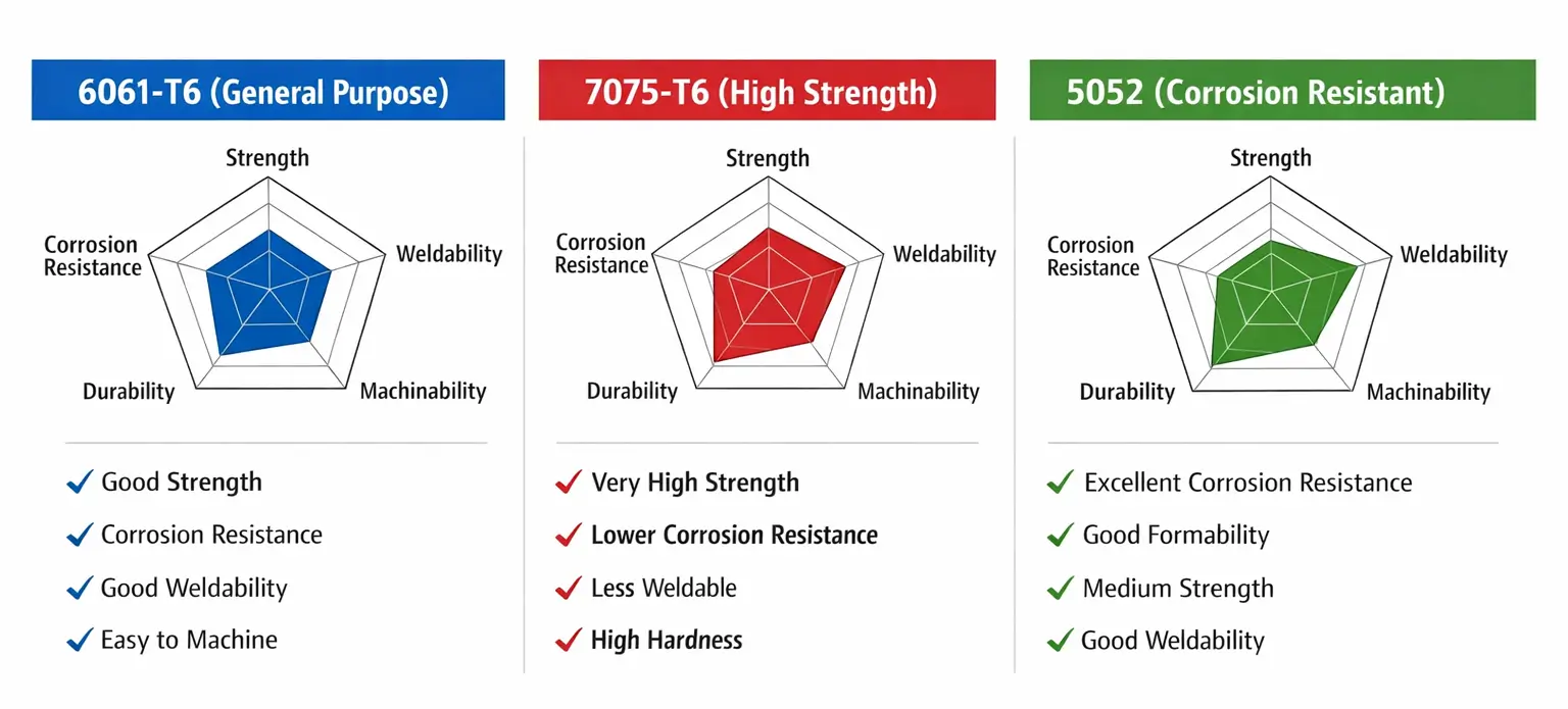 Comparison chart of aluminum alloys properties 6061 vs 7075