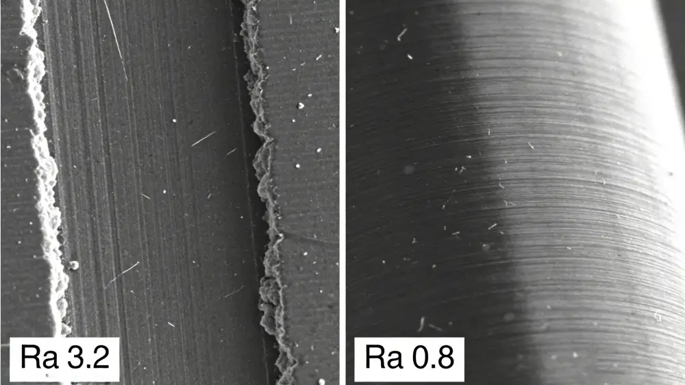 SEM microscopic view comparing Ra 0.8 fine finish with Ra 3.2 rough machined surface texture