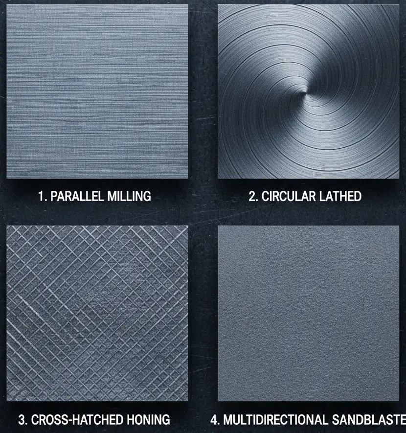 Microscopic comparison of machining lay patterns including parallel, circular, and cross-hatched textures