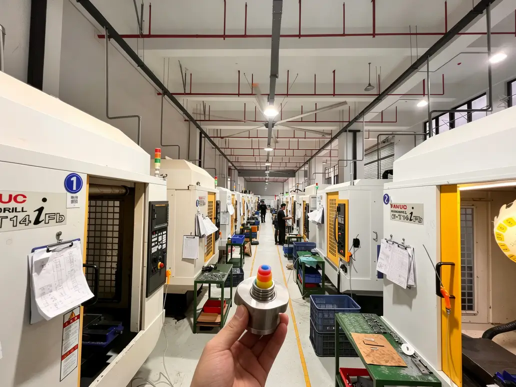 Shop floor view of custom aluminum CNC parts with silicone plugs manually masking precision threaded holes prior to the anodizing process.