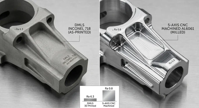 Macro surface finish comparison between DMLS metal 3D printing and 5-axis CNC machining for industrial components Macro surface finish comparison between DMLS metal 3D printing and 5-axis CNC machining for industrial components