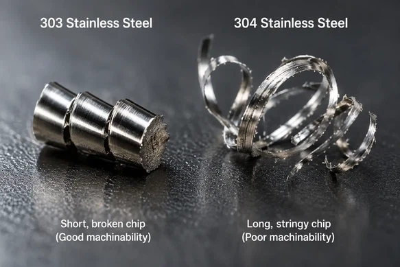 CNC machining chip formation comparison between 303 and 304 stainless steel at Dazao factory CNC machining chip formation comparison between 303 and 304 stainless steel at Dazao factory