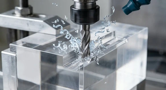 Precision CNC machining of acrylic PMMA parts using single-flute O-flute tooling at Dazao factory Precision CNC machining of acrylic PMMA parts using single-flute O-flute tooling at Dazao factory