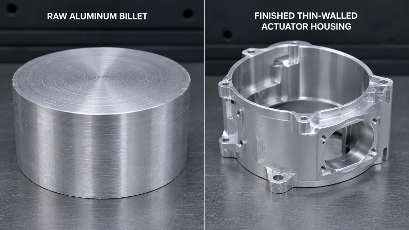 Comparison of raw material and finished thin-walled robotic actuator housing Comparison of raw material and finished thin-walled robotic actuator housing