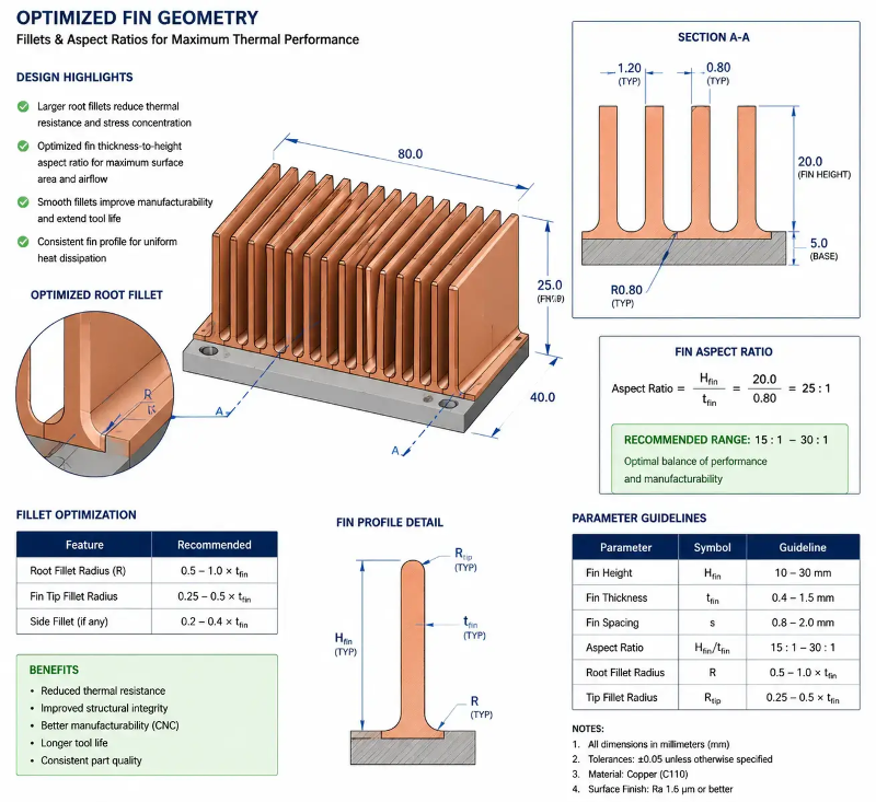 Technical CAD drawing showing optimized fin structure for thermal management parts Technical CAD drawing showing optimized fin structure for thermal management parts