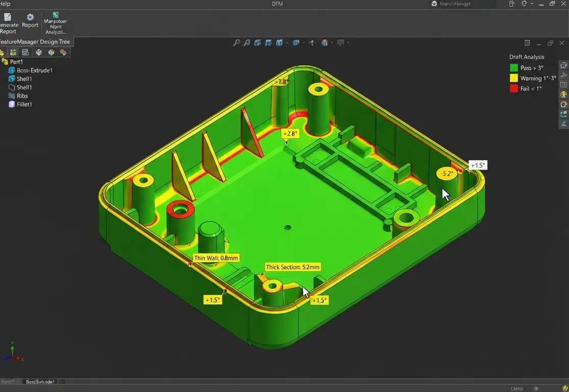 Design for Manufacturability DFM software analysis identifying cost reduction features for aluminum CNC milling Design for Manufacturability DFM software analysis identifying cost reduction features for aluminum CNC milling