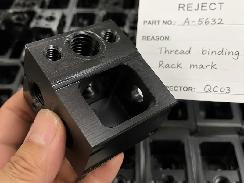 Defective anodized aluminum part showing thread pitch deviation and rack contact mark on sealing surface Defective anodized aluminum part showing thread pitch deviation and rack contact mark on sealing surface