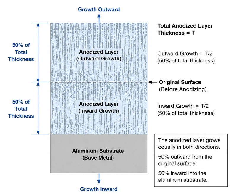 Diagram illustrating 50 percent inward and 50 percent outward growth of aluminum anodizing layer Diagram illustrating 50 percent inward and 50 percent outward growth of aluminum anodizing layer