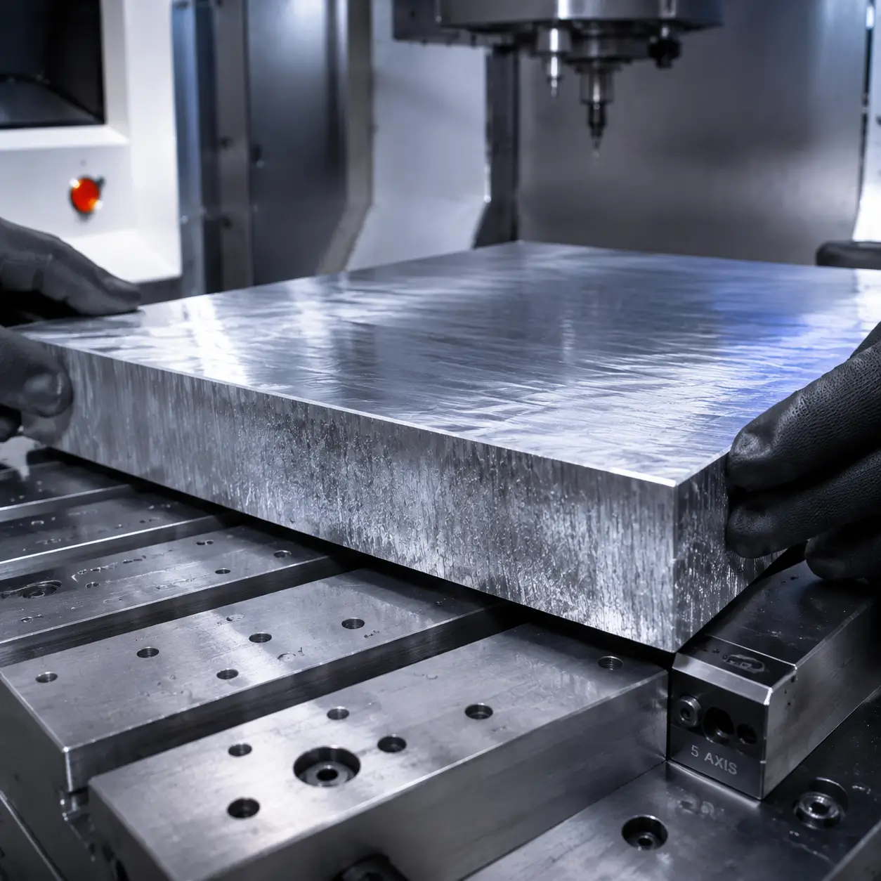 7050-T7451 thick aluminum plate setup on 5-axis CNC mill for aerospace structural machining at Dazao Machinery facility 7050-T7451 thick aluminum plate setup on 5-axis CNC mill for aerospace structural machining at Dazao Machinery facility