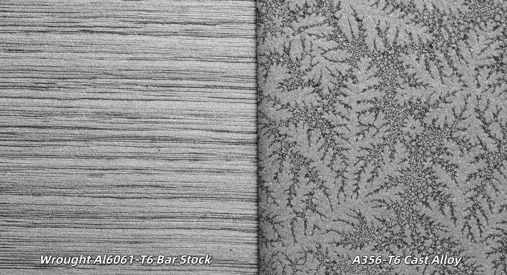 Metallurgical grain structure comparison between wrought billet aluminum and cast aluminum alloy at Dazao quality control laboratory Metallurgical grain structure comparison between wrought billet aluminum and cast aluminum alloy at Dazao quality control laboratory
