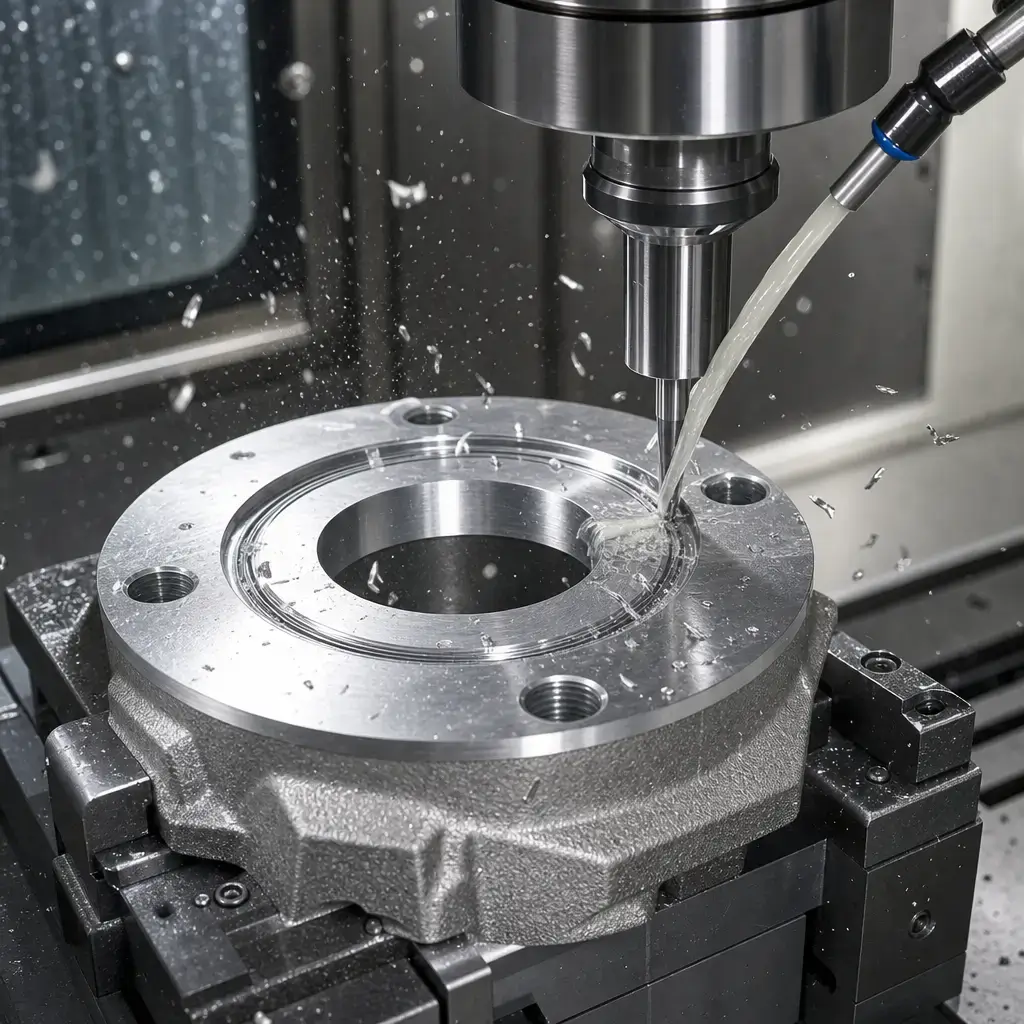 Precision CNC cutter profiling an O-ring seal track on a cast aluminum manifold component at Dazao manufacturing plant Precision CNC cutter profiling an O-ring seal track on a cast aluminum manifold component at Dazao manufacturing plant