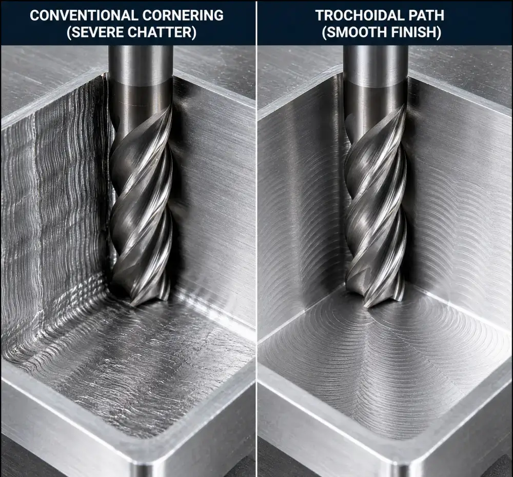CNC internal corner radius machining showing tool chatter marks on tight radius versus smooth finish at Dazao Machinery facility CNC internal corner radius machining showing tool chatter marks on tight radius versus smooth finish at Dazao Machinery facility