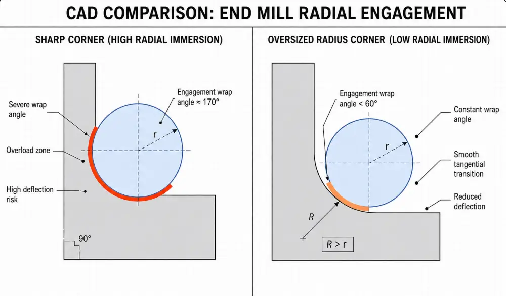 CNC inside corner radius for pocket showing cutter engagement angle differences CNC inside corner radius for pocket showing cutter engagement angle differences
