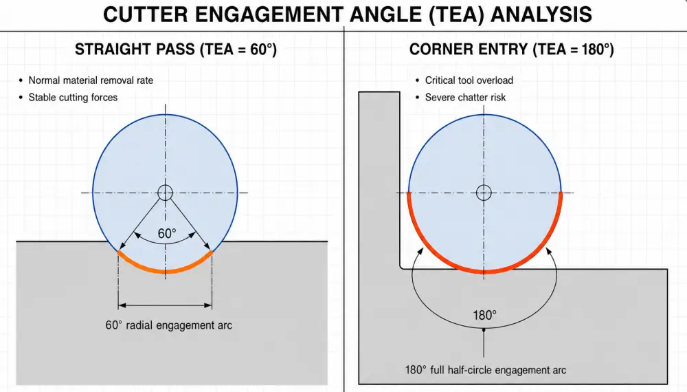Engineering diagram illustrating cutter engagement angle expansion for CNC corner radius tool diameter dynamics Engineering diagram illustrating cutter engagement angle expansion for CNC corner radius tool diameter dynamics