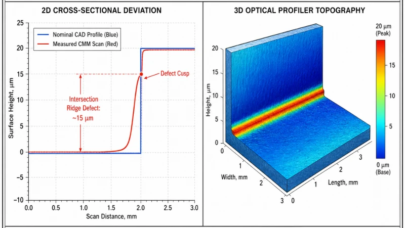 CMM inspection of floor-to-corner step defect caused by tool deflection in CNC milling pocket CMM inspection of floor-to-corner step defect caused by tool deflection in CNC milling pocket