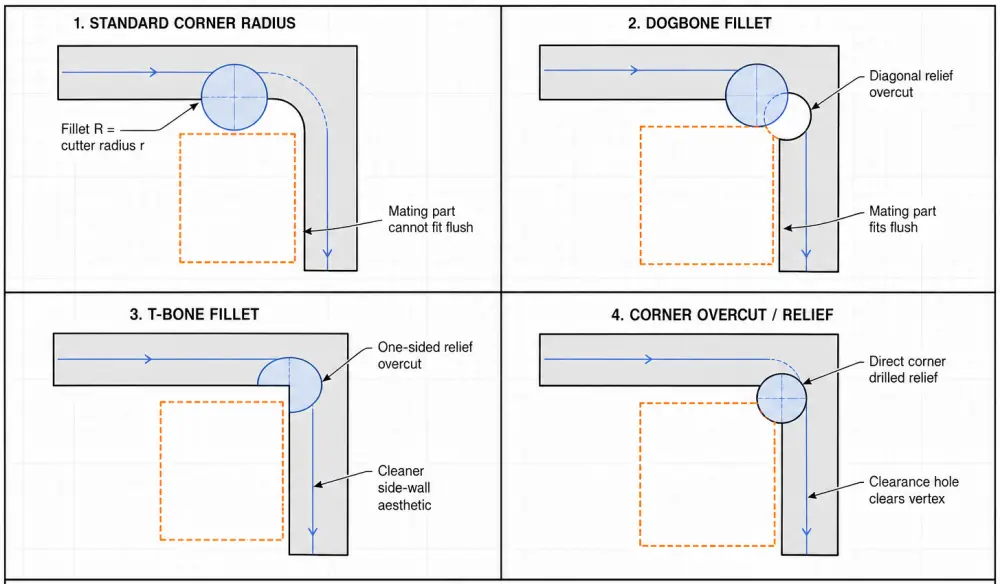 Technical CAD comparison of dogbone fillet CNC machining, T-bone fillet, and corner overcut geometry Technical CAD comparison of dogbone fillet CNC machining, T-bone fillet, and corner overcut geometry
