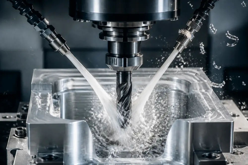 High-speed CNC end mill machining a deep aluminum pocket cavity with high-pressure coolant at Dazao facility High-speed CNC end mill machining a deep aluminum pocket cavity with high-pressure coolant at Dazao facility