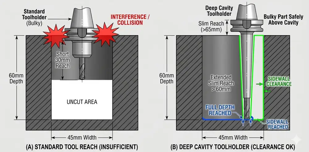 Technical CAD diagram comparing standard tool reach against deep cavity toolholder sidewall clearance limits Technical CAD diagram comparing standard tool reach against deep cavity toolholder sidewall clearance limits