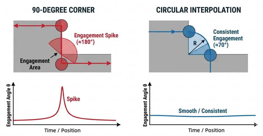 Toolpath comparison showing cutting engagement angle spike at 90-degree corner versus smooth circular interpolation Toolpath comparison showing cutting engagement angle spike at 90-degree corner versus smooth circular interpolation