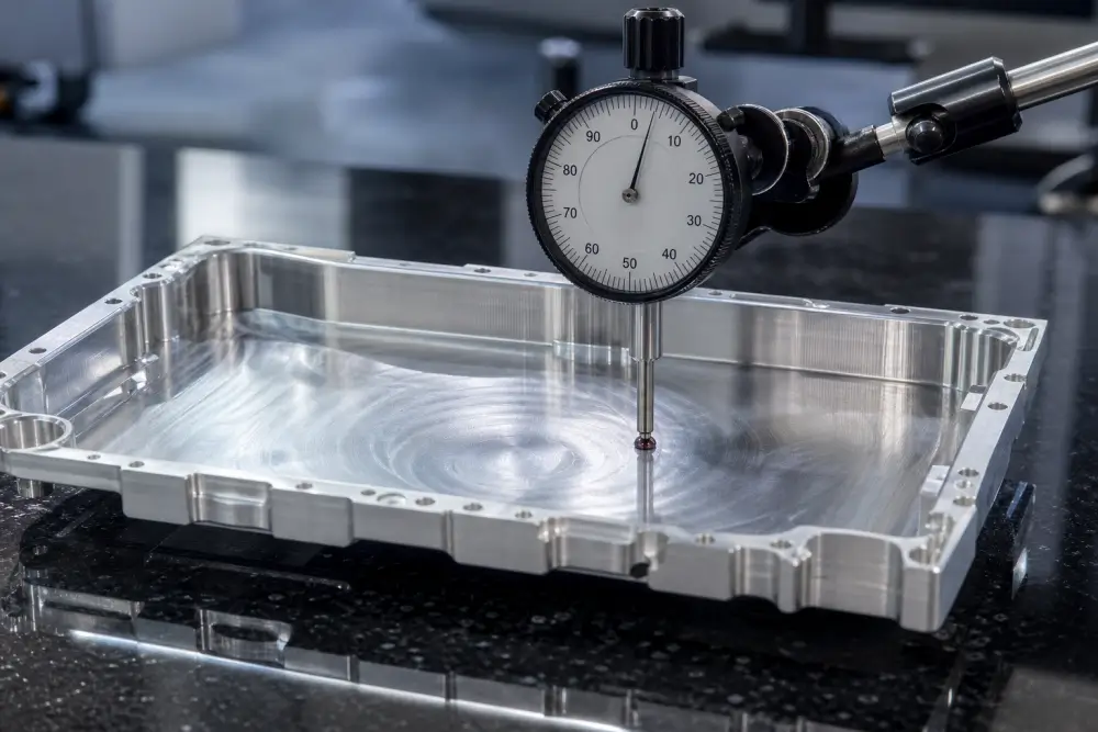 Dial indicator measuring bottom floor flatness and oil-canning deflection on thin-walled CNC pocket Dial indicator measuring bottom floor flatness and oil-canning deflection on thin-walled CNC pocket