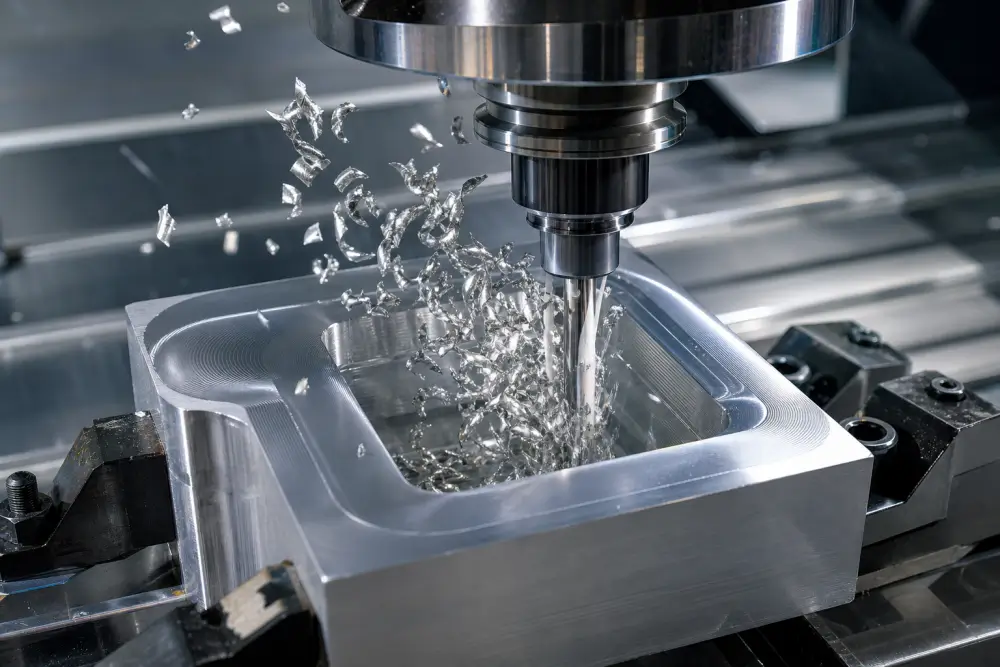 Through-spindle high-pressure air blast clearing aluminum chips from deep blind pocket on CNC milling center Through-spindle high-pressure air blast clearing aluminum chips from deep blind pocket on CNC milling center