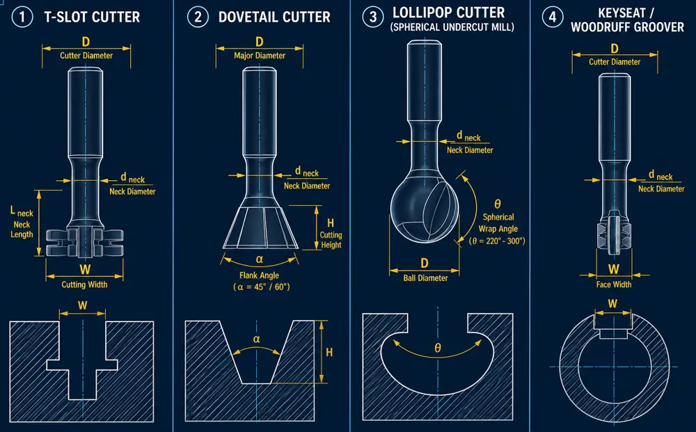 CNC undercut tooling types showing T-slot, dovetail, keyseat, and lollipop cutters with critical tool clearance dimensions CNC undercut tooling types showing T-slot, dovetail, keyseat, and lollipop cutters with critical tool clearance dimensions