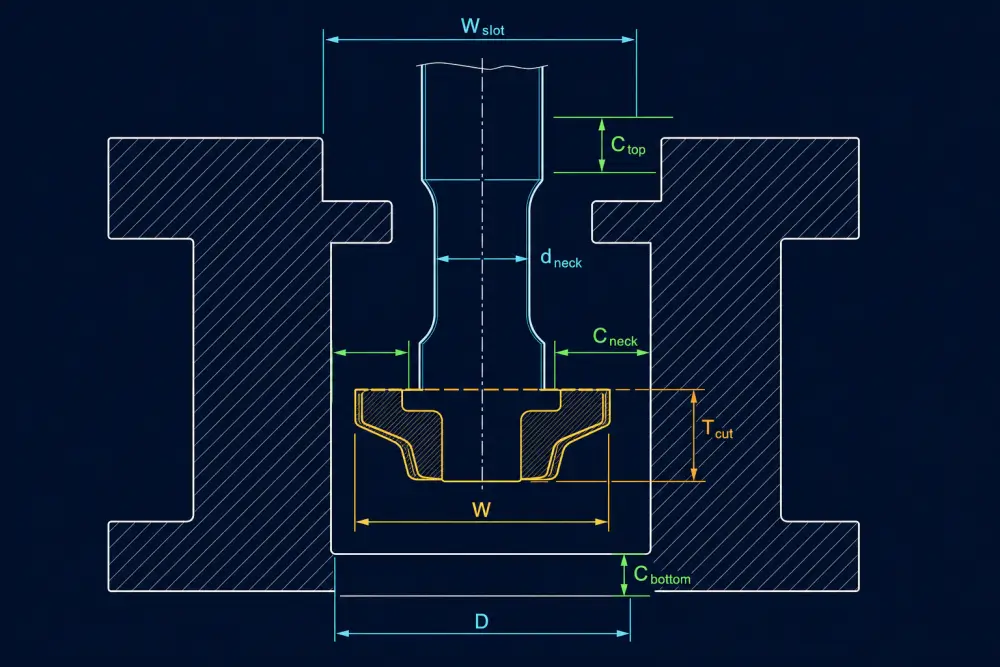 CNC undercut tool clearance diagram showing axial, radial, and neck clearances for T-slot and keyseat cutters at Dazao Machinery CNC undercut tool clearance diagram showing axial, radial, and neck clearances for T-slot and keyseat cutters at Dazao Machinery