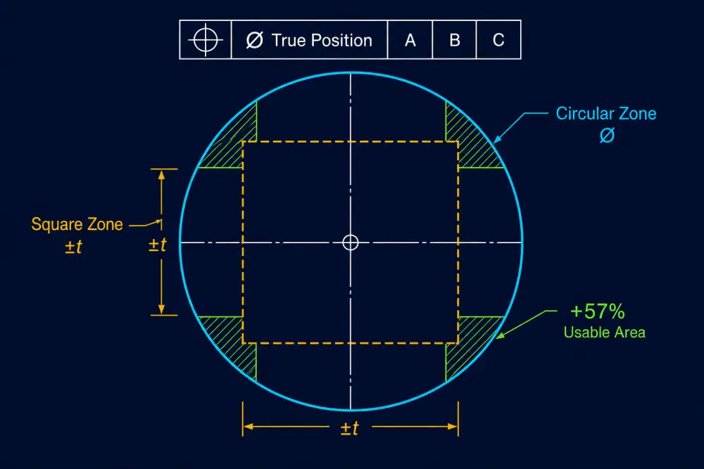 Engineering diagram comparing rectangular coordinate tolerances with cylindrical true position tolerance zones for CNC machined parts Engineering diagram comparing rectangular coordinate tolerances with cylindrical true position tolerance zones for CNC machined parts