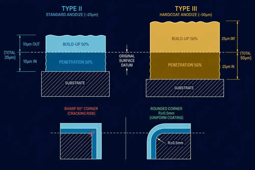 Technical diagram illustrating surface build-up and substrate penetration depth for hardcoat anodizing on aluminum CNC parts Technical diagram illustrating surface build-up and substrate penetration depth for hardcoat anodizing on aluminum CNC parts