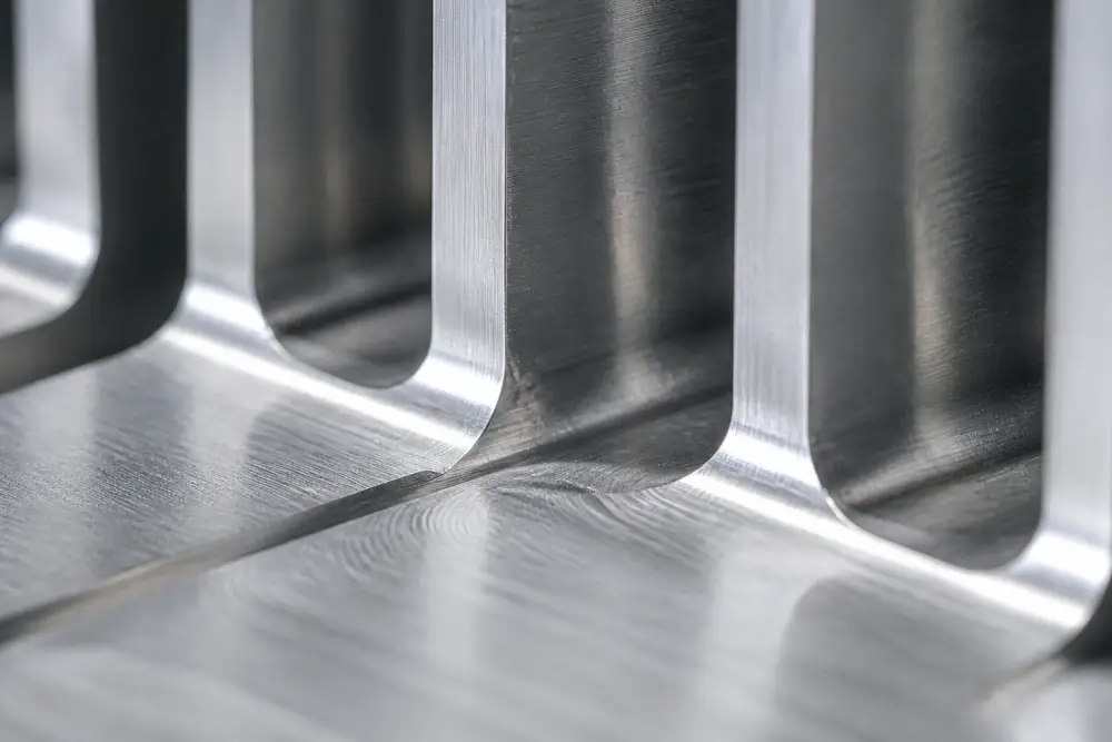 High precision CNC machined aluminum heat sink fins displaying fin thickness and channel spacing at Dazao facility High precision CNC machined aluminum heat sink fins displaying fin thickness and channel spacing at Dazao facility