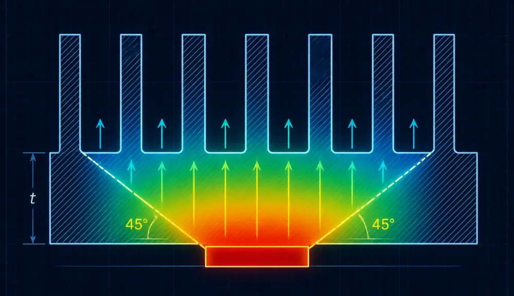 Technical schematic of 45-degree heat conduction spreading angle through custom aluminum heat sink base thickness Technical schematic of 45-degree heat conduction spreading angle through custom aluminum heat sink base thickness