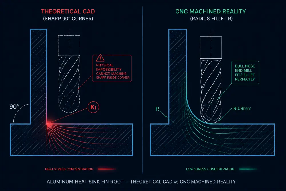 Comparison between theoretical CAD square corners and physical CNC machined heat sink fin root corner radius Comparison between theoretical CAD square corners and physical CNC machined heat sink fin root corner radius
