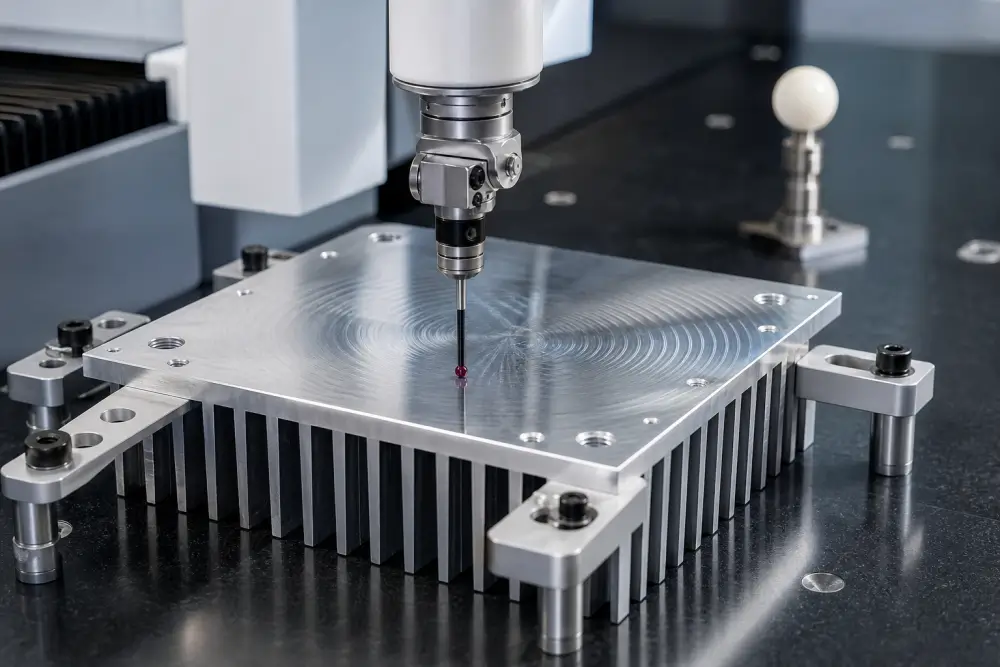 CMM inspection of baseplate flatness and mounting surface on custom aluminum heat sink design at Dazao CMM inspection of baseplate flatness and mounting surface on custom aluminum heat sink design at Dazao