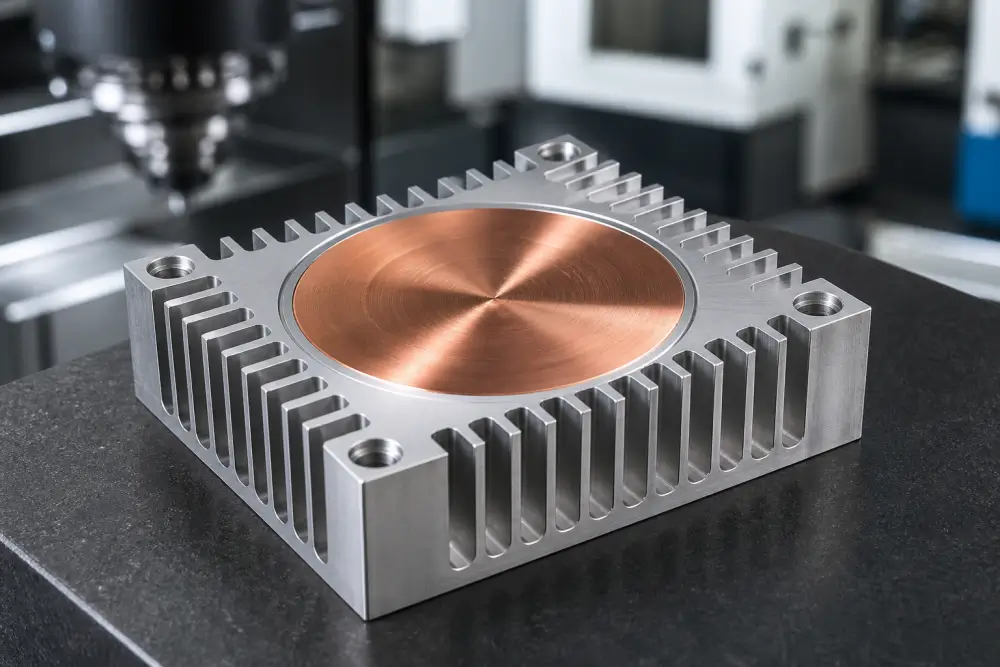 Custom CNC machined heat sink featuring an embedded C1100 copper thermal spreader in an Al6061 baseplate Custom CNC machined heat sink featuring an embedded C1100 copper thermal spreader in an Al6061 baseplate