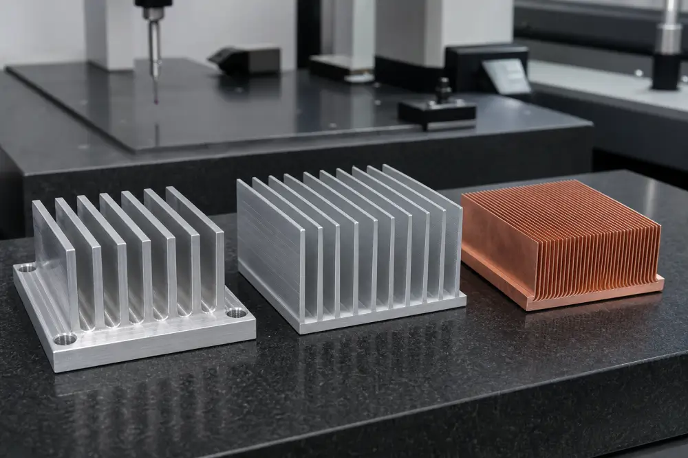 Physical comparison between CNC machined heat sink, aluminum extrusion profile, and skived fin heat sink Physical comparison between CNC machined heat sink, aluminum extrusion profile, and skived fin heat sink