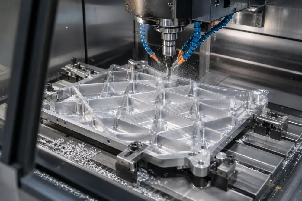 CNC pocketing for weight reduction on an Al6061-T6 structural aerospace component at Dazao Machinery CNC pocketing for weight reduction on an Al6061-T6 structural aerospace component at Dazao Machinery