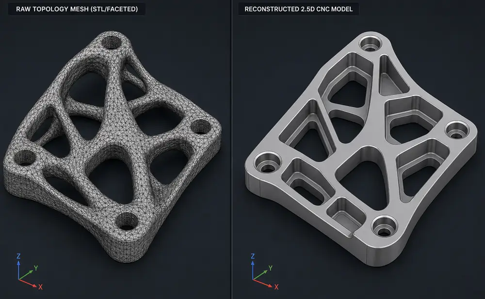 Topology optimization for CNC machining showing CAD geometric reconstruction for 3-axis milling at Dazao Topology optimization for CNC machining showing CAD geometric reconstruction for 3-axis milling at Dazao