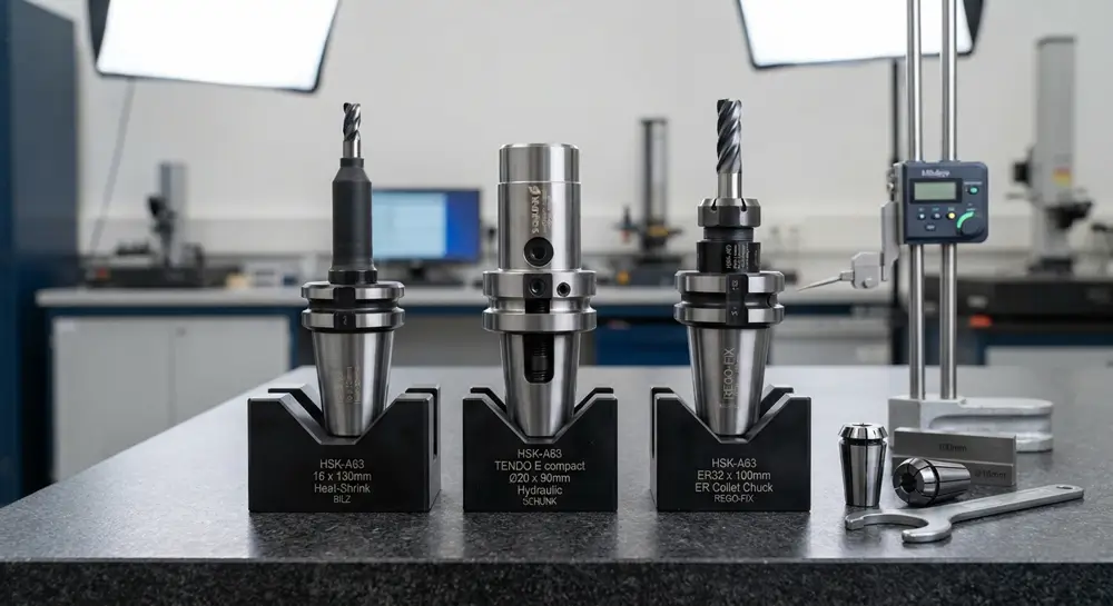 High speed machining toolholders comparing HSK-A63 heat shrink and hydraulic chuck runout characteristics at Dazao High speed machining toolholders comparing HSK-A63 heat shrink and hydraulic chuck runout characteristics at Dazao