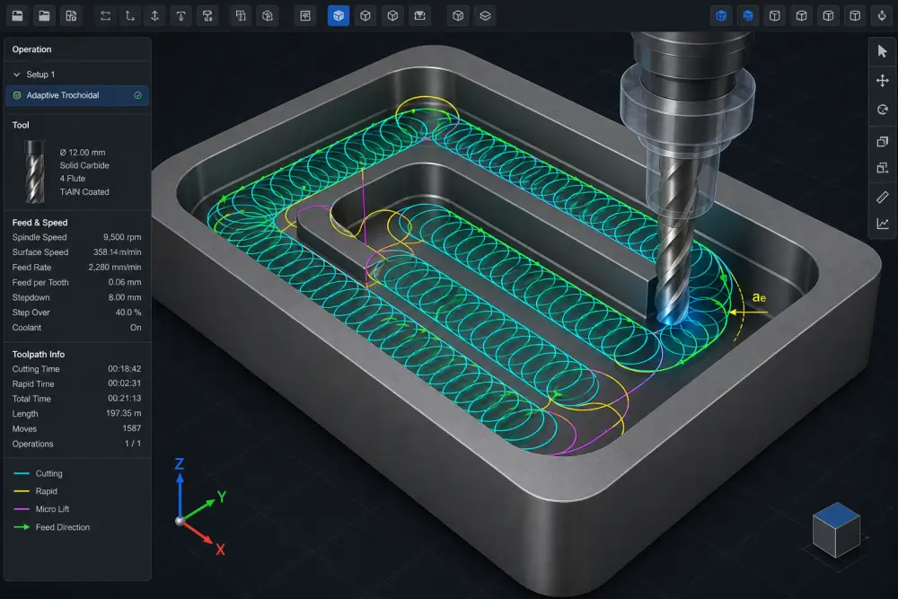 CAM simulation of adaptive trochoidal toolpath maintaining constant tool engagement angle for high speed milling CAM simulation of adaptive trochoidal toolpath maintaining constant tool engagement angle for high speed milling