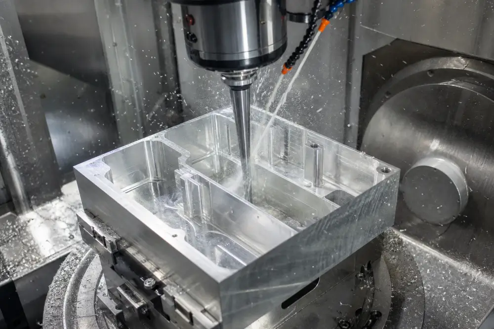Deep pocket CNC machining setup for an Al6061-T6 electronic housing showing tool clearance and rigid workholding at Dazao Machinery Deep pocket CNC machining setup for an Al6061-T6 electronic housing showing tool clearance and rigid workholding at Dazao Machinery
