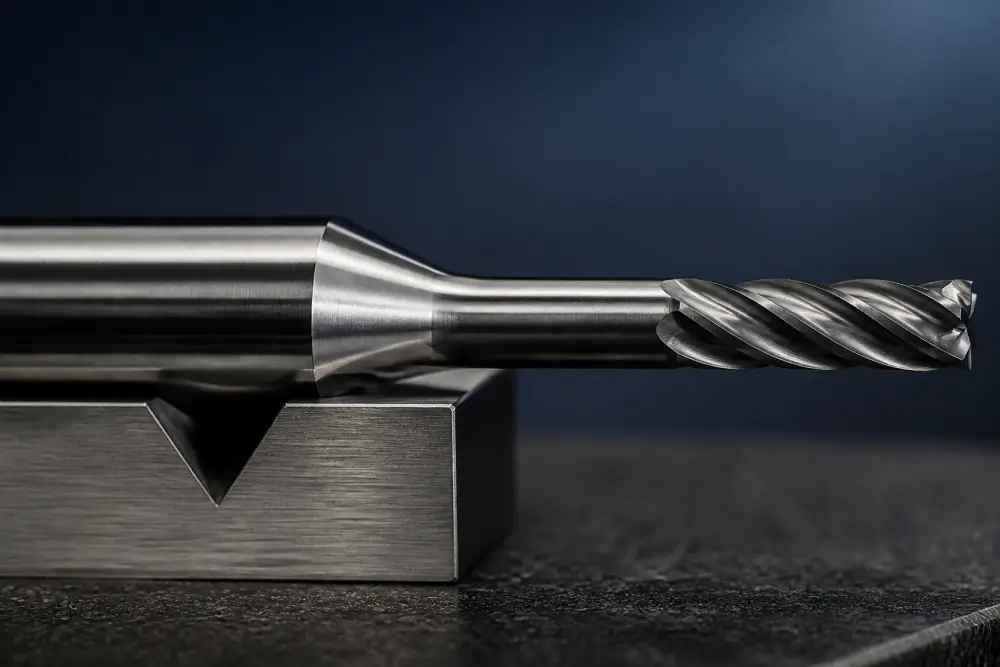 Long reach end mill with neck relief used for deep pocket CNC machining to prevent sidewall rubbing and deflection Long reach end mill with neck relief used for deep pocket CNC machining to prevent sidewall rubbing and deflection