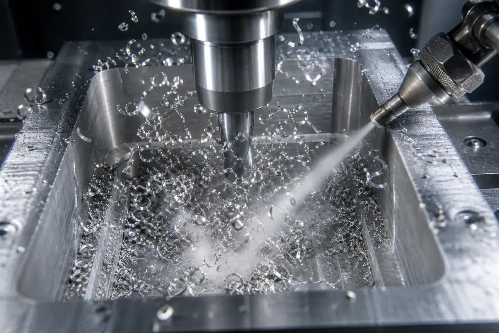 High pressure through-spindle air blast evacuating aluminum chips from a deep blind pocket during CNC milling High pressure through-spindle air blast evacuating aluminum chips from a deep blind pocket during CNC milling