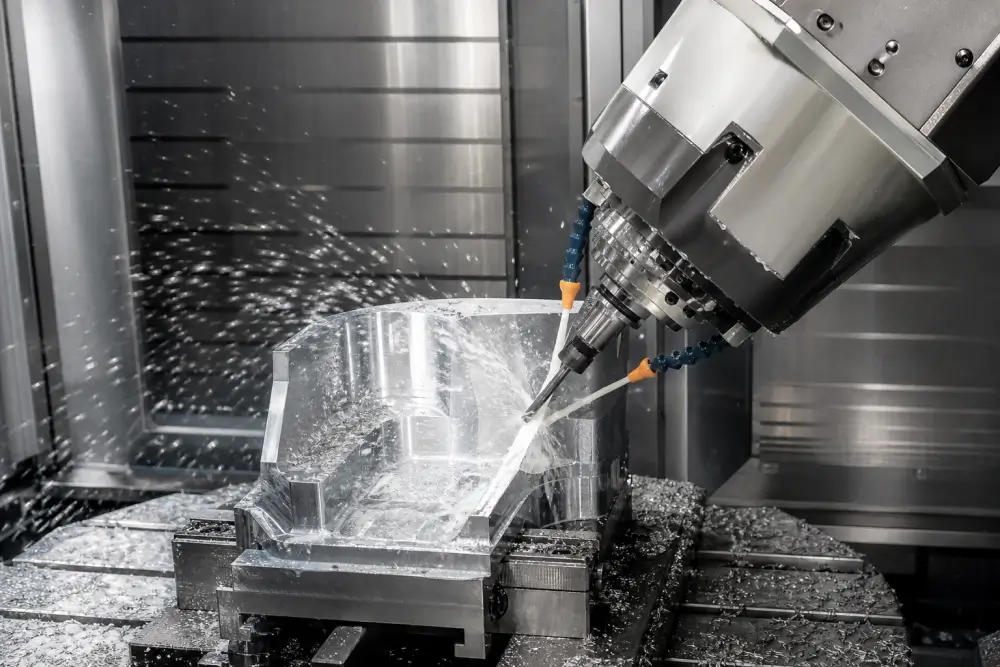 5-axis CNC machining center tilting spindle to machine deep cavity corner with short rigid end mill at Dazao 5-axis CNC machining center tilting spindle to machine deep cavity corner with short rigid end mill at Dazao