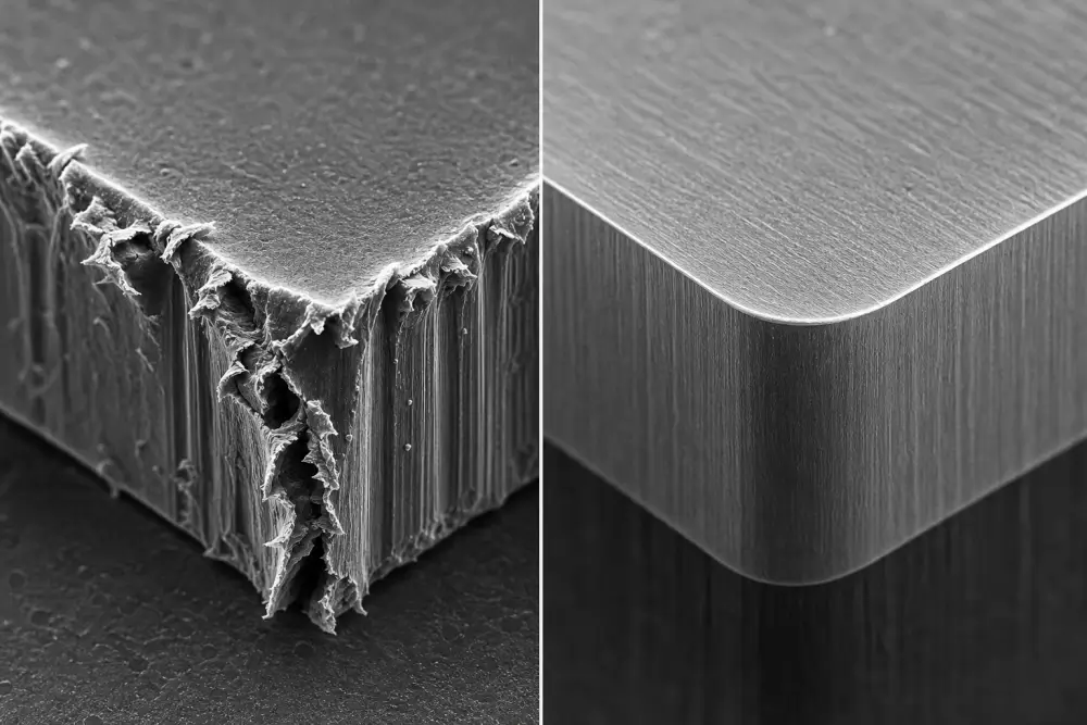 SEM edge comparison showing micro machining burr control results before and after automated chemical deburring SEM edge comparison showing micro machining burr control results before and after automated chemical deburring