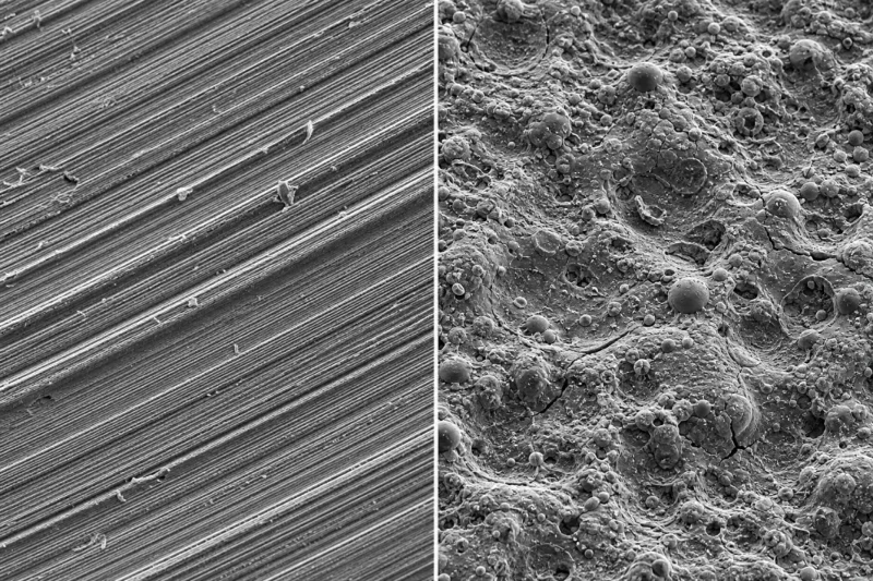 High-magnification surface comparison between micro machining vs micro EDM showing mechanical shear versus recast layer High-magnification surface comparison between micro machining vs micro EDM showing mechanical shear versus recast layer