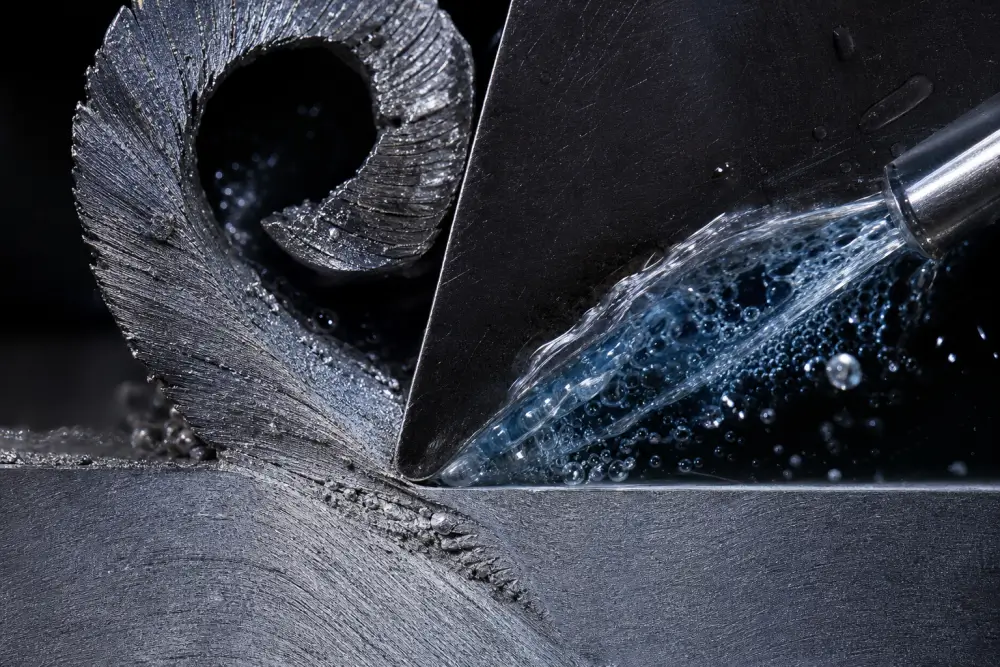 Macro mechanical schematic of CNC tool shear zone with cutting fluid penetrating the tool-chip interface Macro mechanical schematic of CNC tool shear zone with cutting fluid penetrating the tool-chip interface