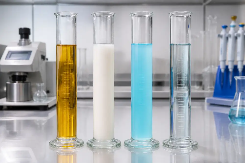 Industrial laboratory test of four CNC coolant types including soluble oil, semi-synthetic, synthetic, and neat cutting oil Industrial laboratory test of four CNC coolant types including soluble oil, semi-synthetic, synthetic, and neat cutting oil