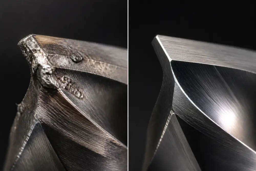 Microscope view of built-up edge on carbide end mill flank caused by improper aluminum machining coolant Microscope view of built-up edge on carbide end mill flank caused by improper aluminum machining coolant