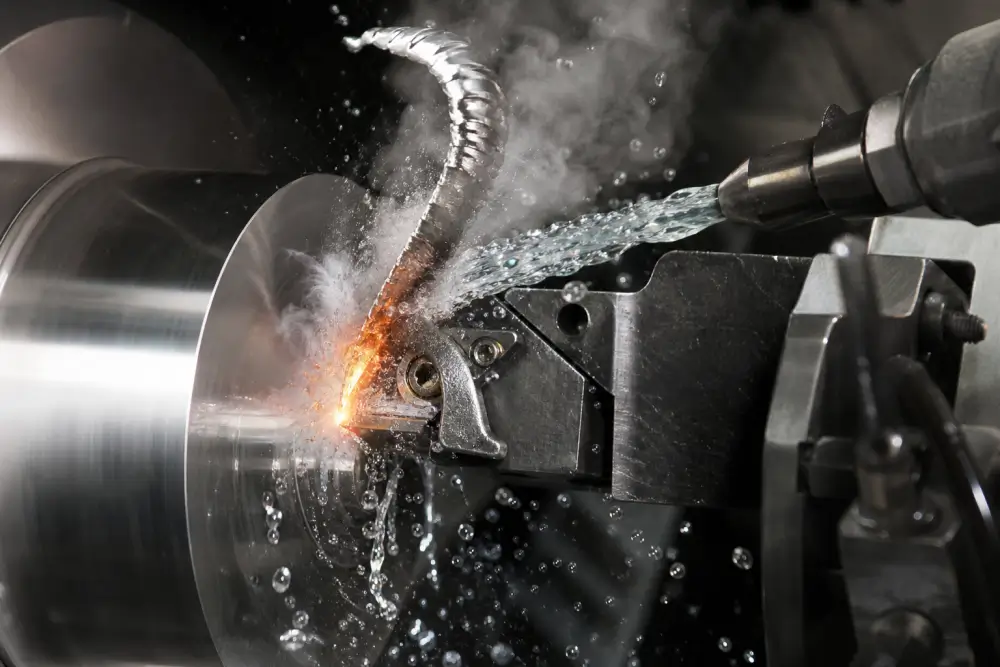 High pressure coolant machining delivery flushing chips from a deep pocket aluminum component High pressure coolant machining delivery flushing chips from a deep pocket aluminum component