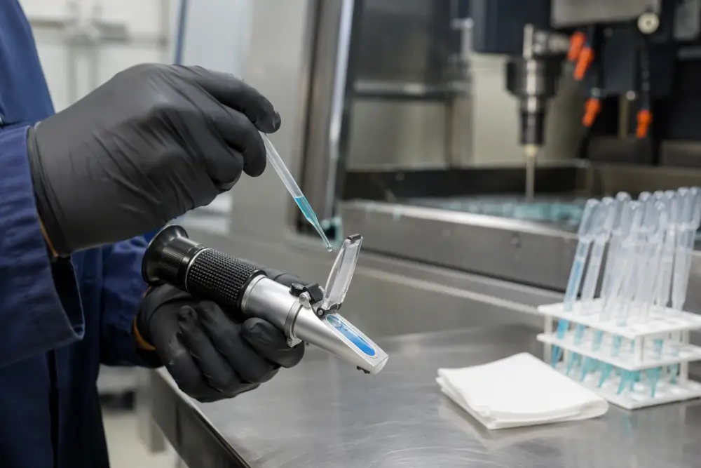 Quality technician measuring metalworking fluid concentration using an optical CNC coolant refractometer Quality technician measuring metalworking fluid concentration using an optical CNC coolant refractometer